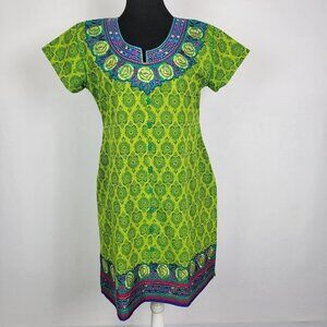 RICH LADY Embroidered Tunic Dress XL Green Short Sleeve Round Neck Slits Cotton